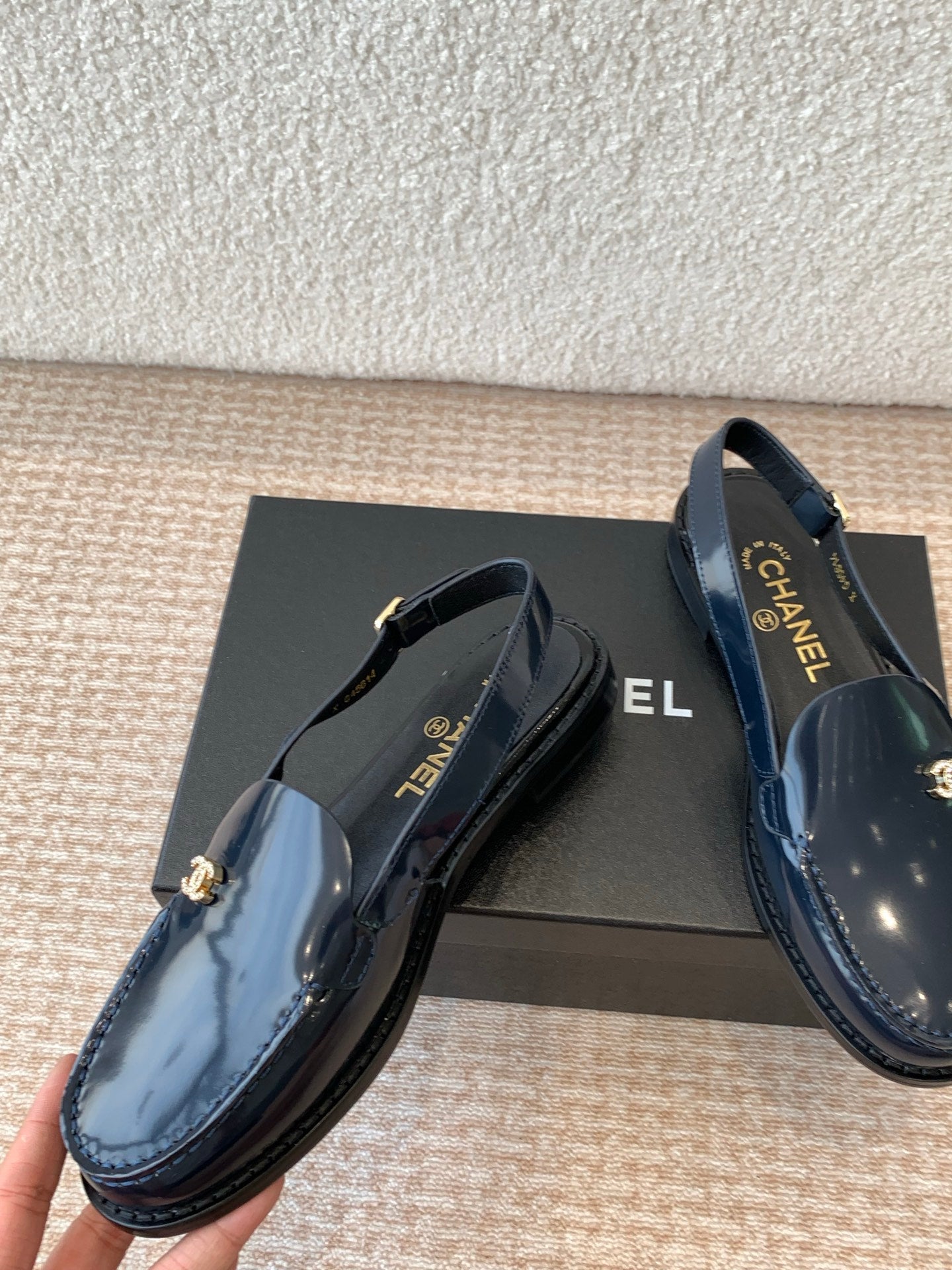 CC MOCCASIN SLINGBACK IN AEGEAN BLUE PATENT CALFSKIN