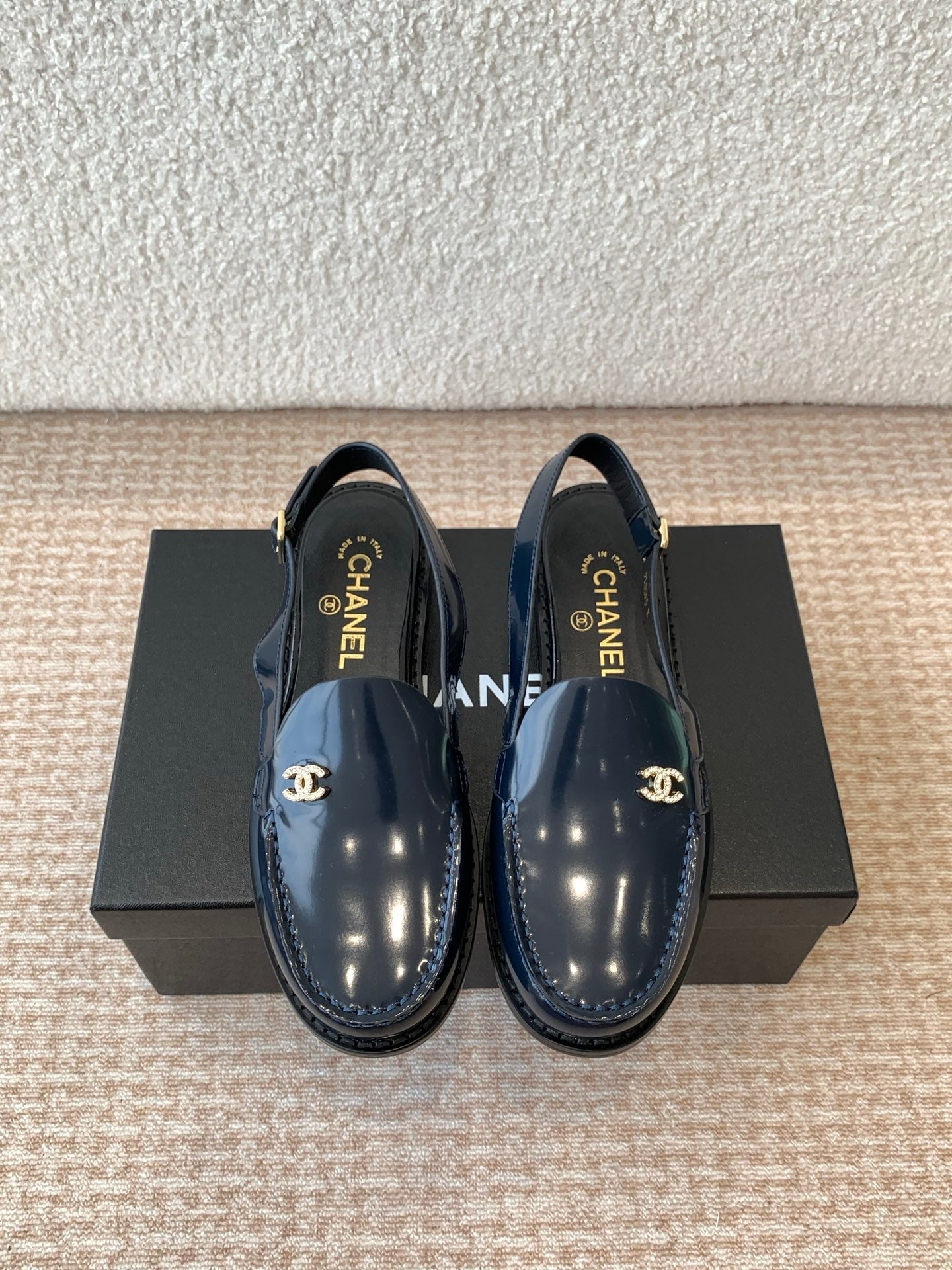 CC MOCCASIN SLINGBACK IN AEGEAN BLUE PATENT CALFSKIN