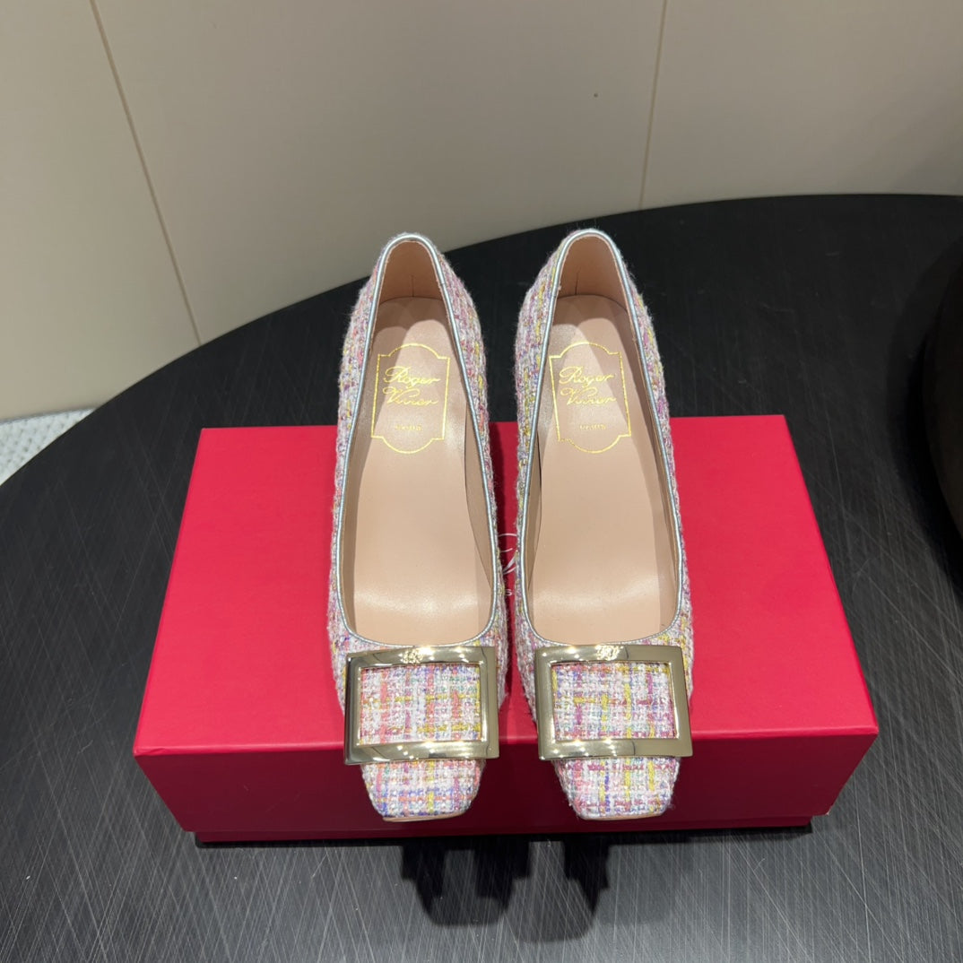 ROGER VIVIER 25S TROMPETTE SQUARE TOE HIGH HEELS 70MM IN PINK TWEED