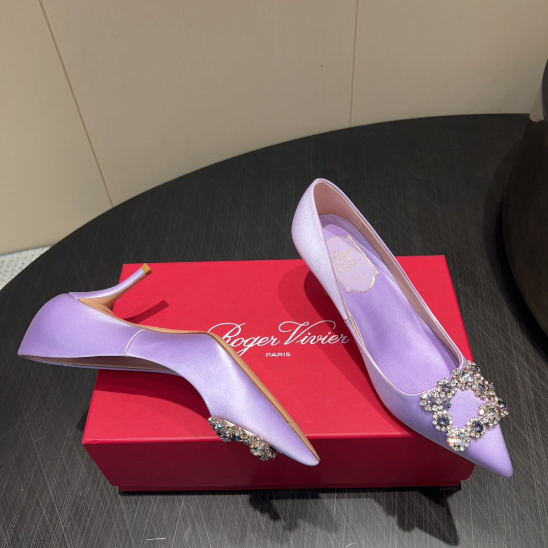 ROGER VIVIER 25S POINTED TOE HIGH HEELS 70MM IN LAVENDER SILK EMBELLISHED CRYSTALS
