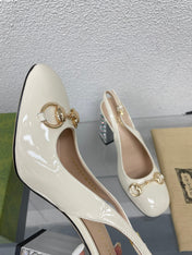GG WOMEN'S HORSEBIT SLINGBACK 95MM IN WHITE CALFSKIN WITH RHINSTONES