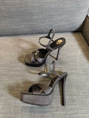 YSL 26S CROSS-STRAP SANDALS 150 MM IN BLACK SATIN