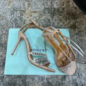 AQUAZZURA 26S HEELED SANDALS 95 MM IN BEIGE SUEDE CRYSTAL-EMBELLISHED STRAPS
