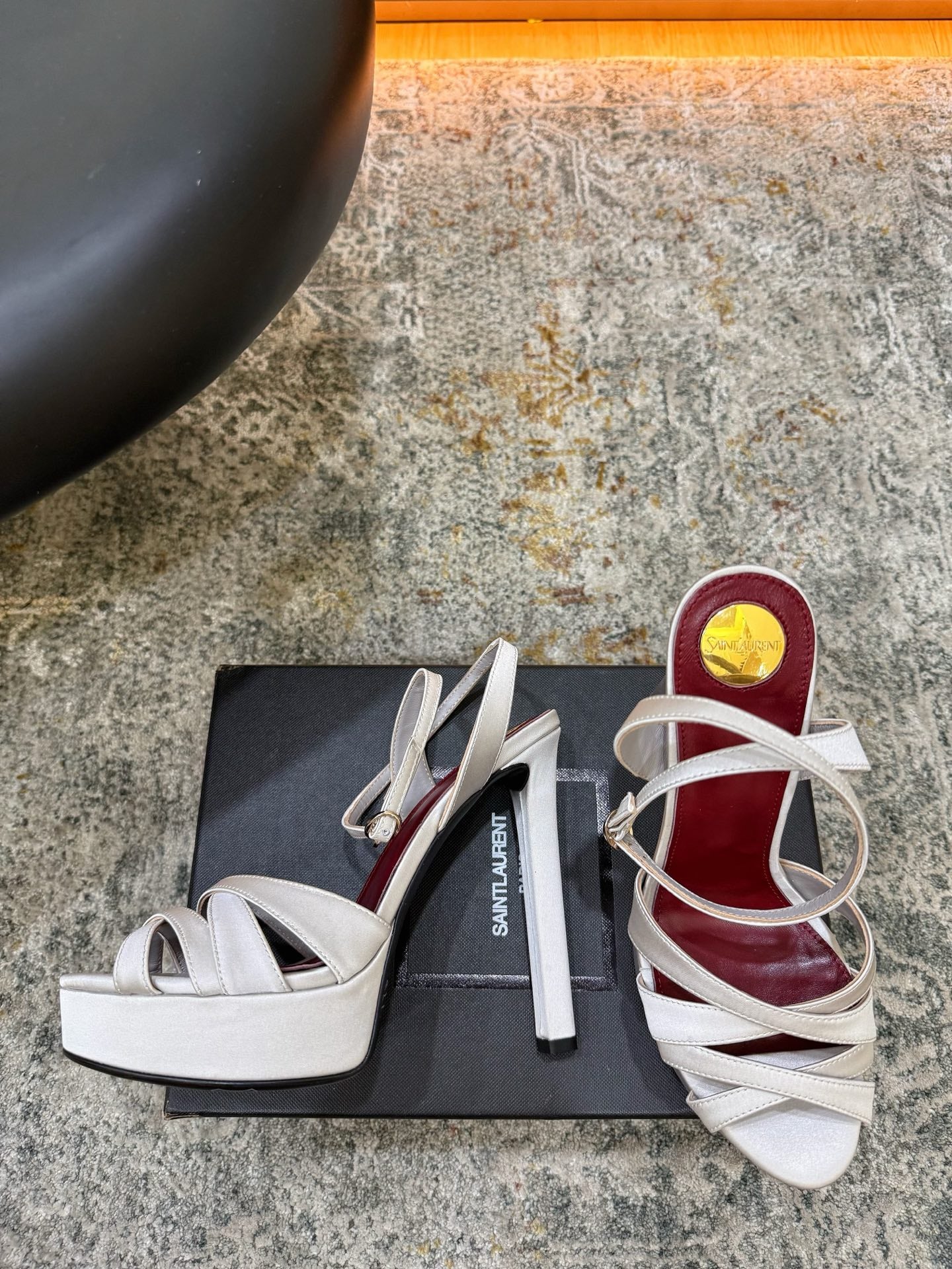 YSL 26S WOVEN-STRAP HIGH-HEEL SANDALS 130 MM IN OFF-WHITE SATIN