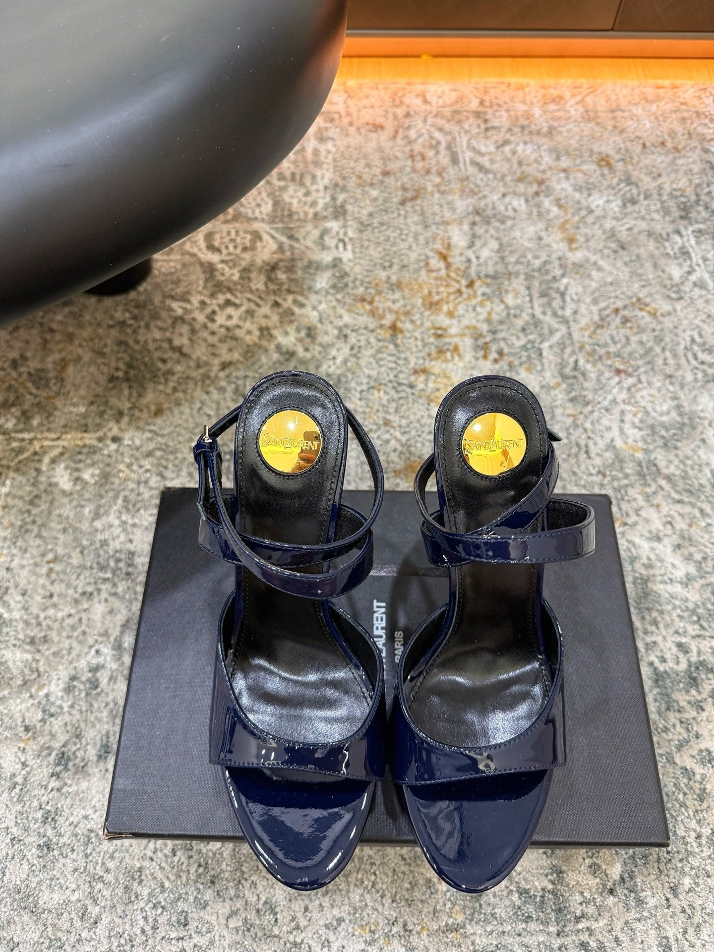 YSL 26S HIGH-HEEL SANDALS 130 MM IN NAVY BLUE GLOSSY CALFSKIN