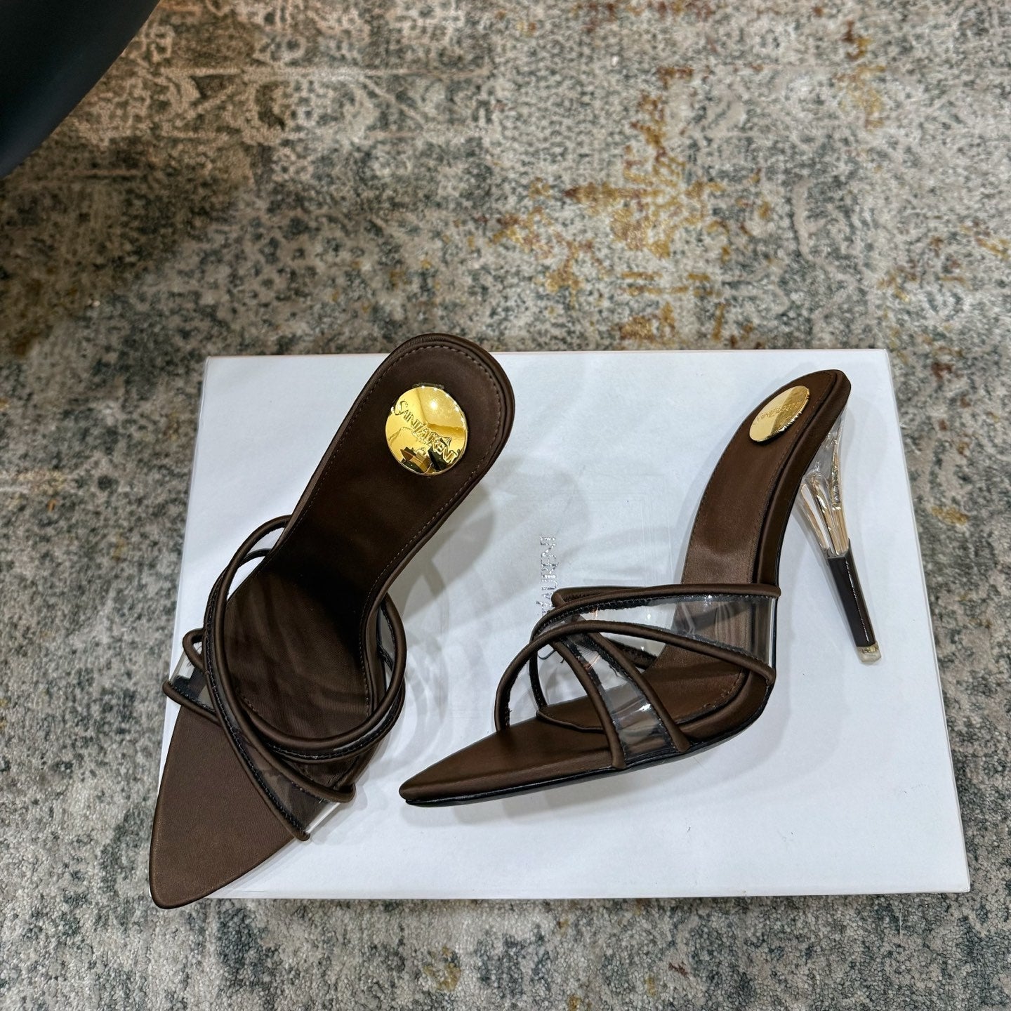YSL 26S CROSS STRAP HIGH HEEL SANDALS 110 MM IN BROWN CALFSKIN