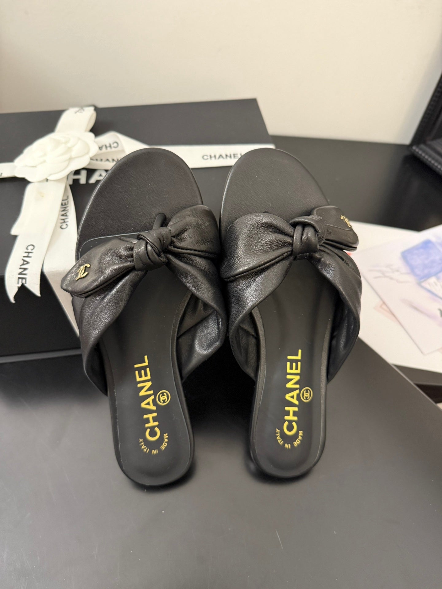 CC 25C Thong Sandal Bow Black Lambskin 233562