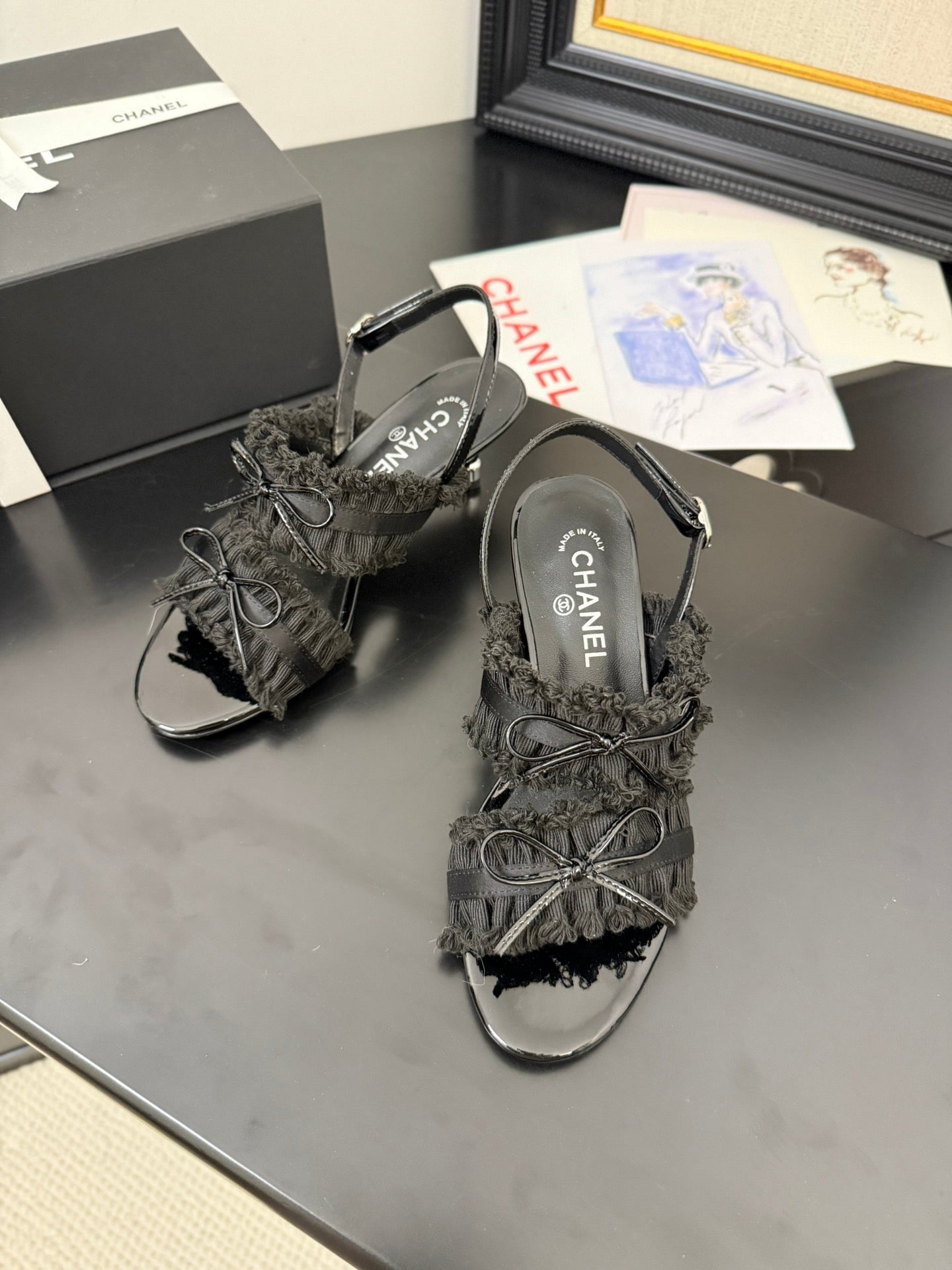 BLACK GROSGRAIN CANVAS BOW SLINGBACK SANDALS 65 MM
