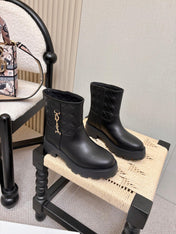 DIOR 26S QUILTED LUG SOLE SHORT MID-CALF BOOTS IN BLACK CALFSKIN GOLD HARDWARE