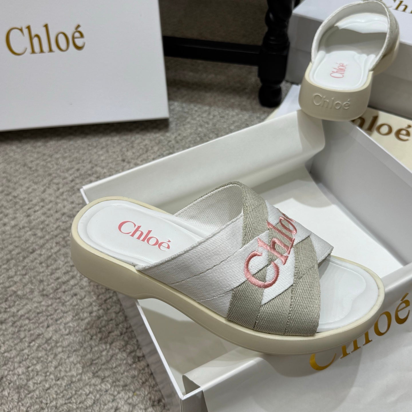 CHLOE 26S FLAT SLIDES IN WHITE & GREIGE CANVAS 