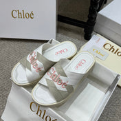 CHLOE 26S FLAT SLIDES IN WHITE & GREIGE CANVAS 