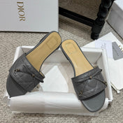 DIOR 26S FLAT MULES IN DARK GREY QUILTED LAMBSKIN SILVER HARDWARE