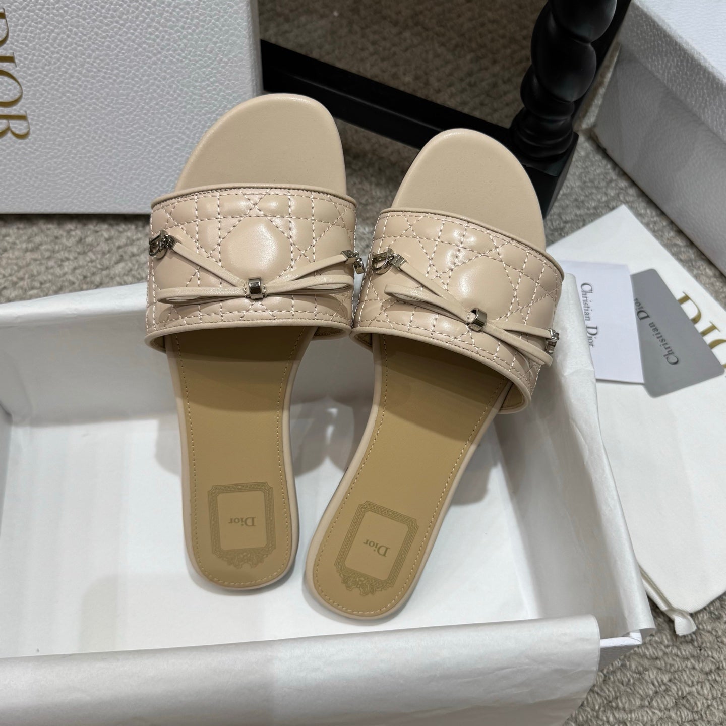 DIOR 26S FLAT MULES IN BEIGE QUILTED LAMBSKIN SILVER HARDWARE