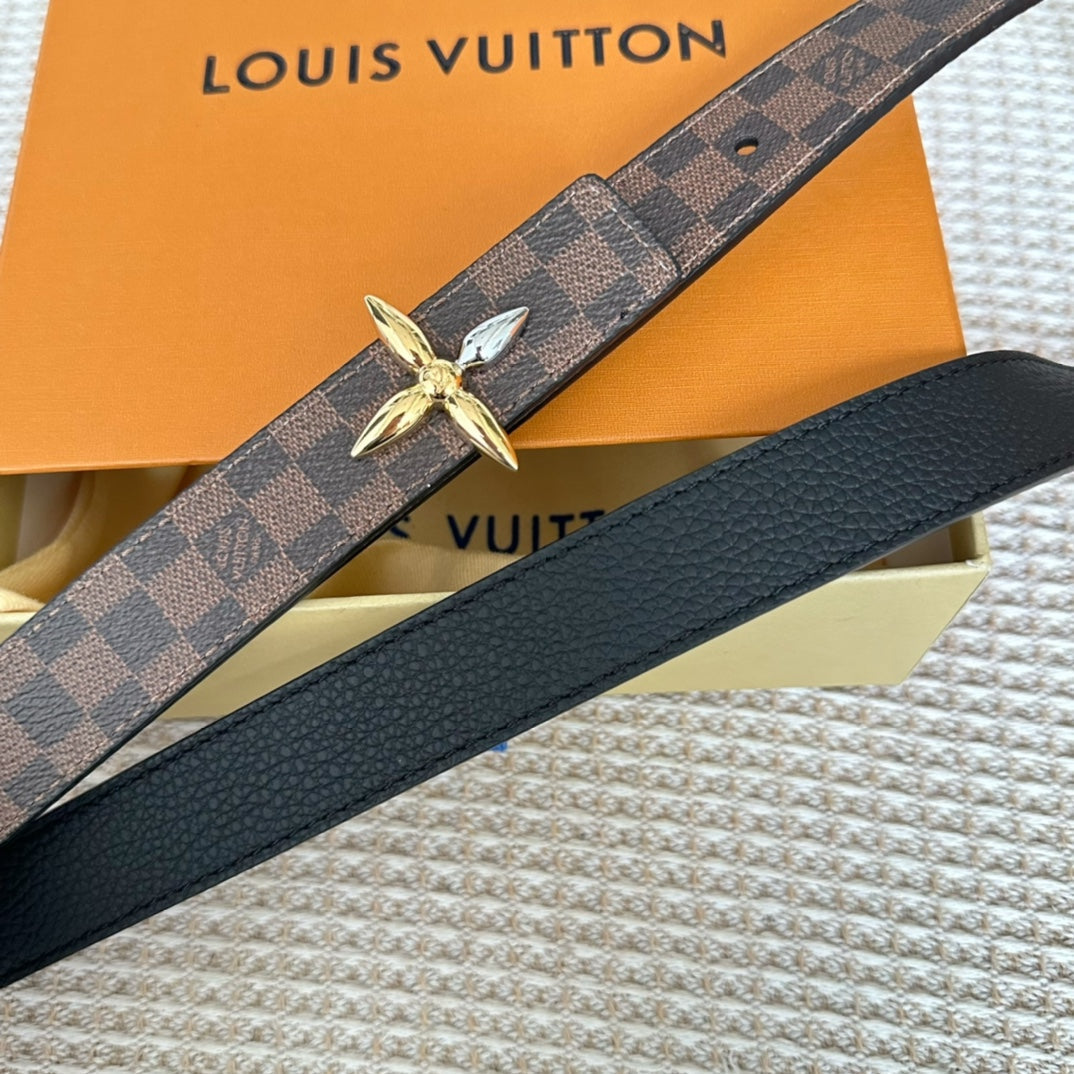 LV FLOWERGRAM 25 MM REVERSIBLE BELT IN BROWN DAMIER CALFSKIN GOLD MIX SILVER HARDWARE