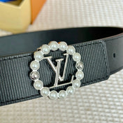 LV CIRCLE PEARL 35MM REVERSIBLE BELT IN BLACK CALFSKIN SILVER HARDWARE