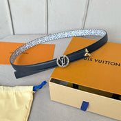 LV Circle Nautical 20mm Reversible Belt Silver Buckle Black White Blue Lambskin