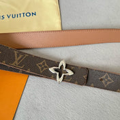 LV  MINI FLOWERGRAM 30MM REVERSIBLE BELT IN BUFF BROWN CALFSKIN SILVER HARDWARE