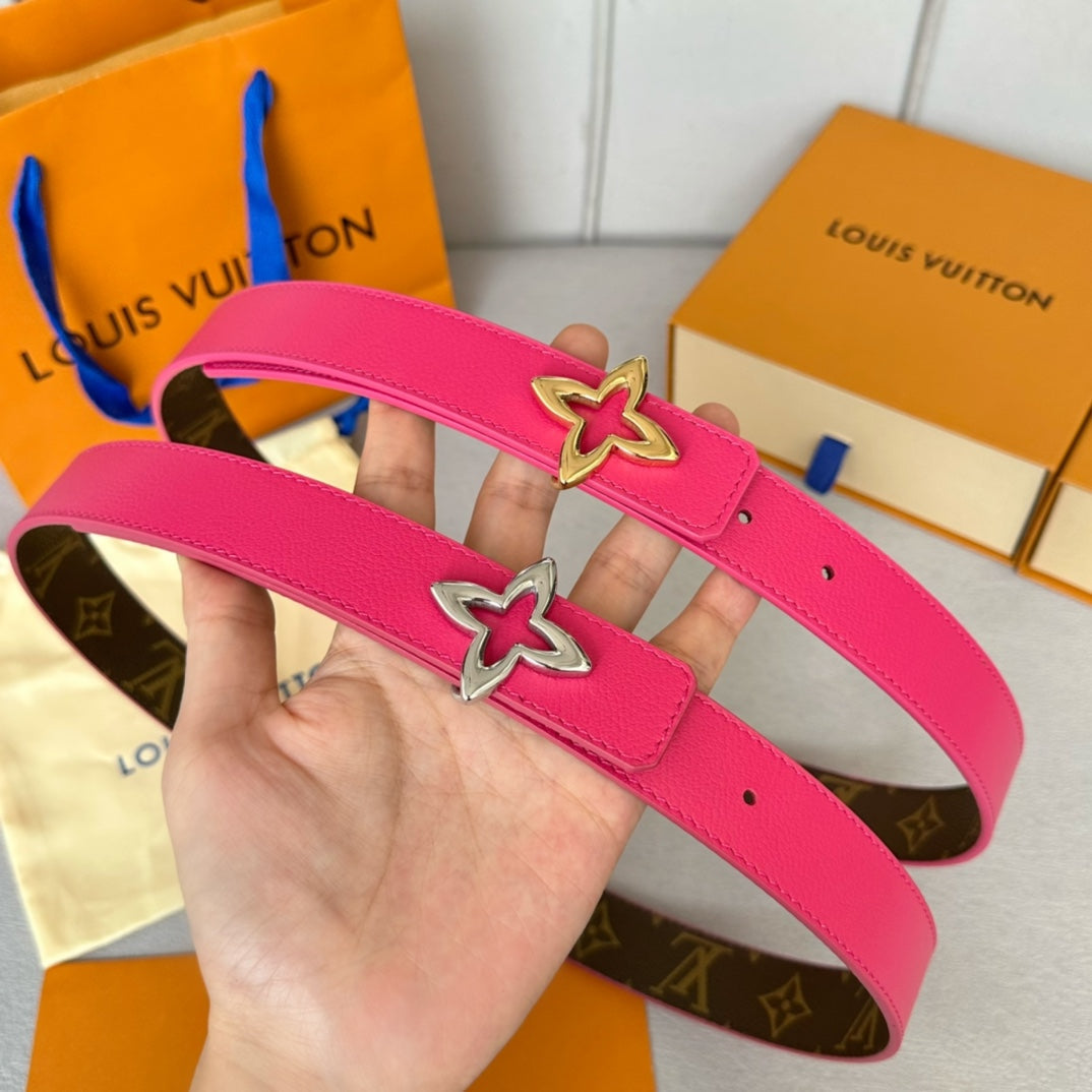 LV Flowergram 30mm Reversible Belt Gold Buckle Hot Pink Brown Leather