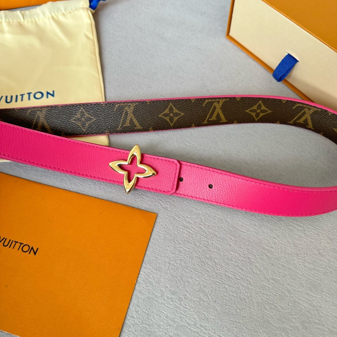LV  MINI FLOWERGRAM 30MM REVERSIBLE BELT IN BRIGHT PINK CALFSKIN GOLD HARDWARE