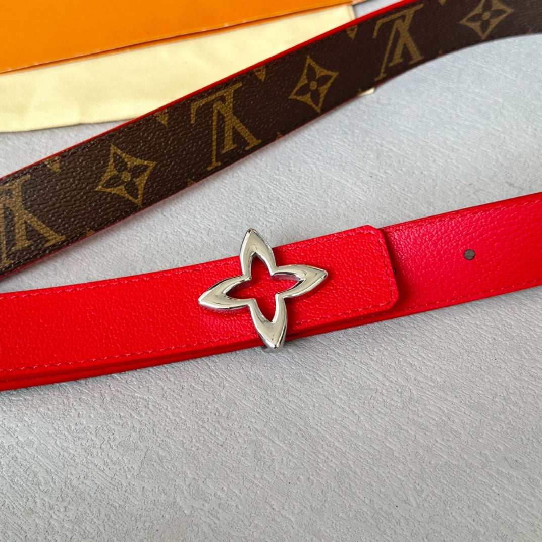 LV  MINI FLOWERGRAM 30MM REVERSIBLE BELT IN CHERRY RED CALFSKIN SILVER HARDWARE
