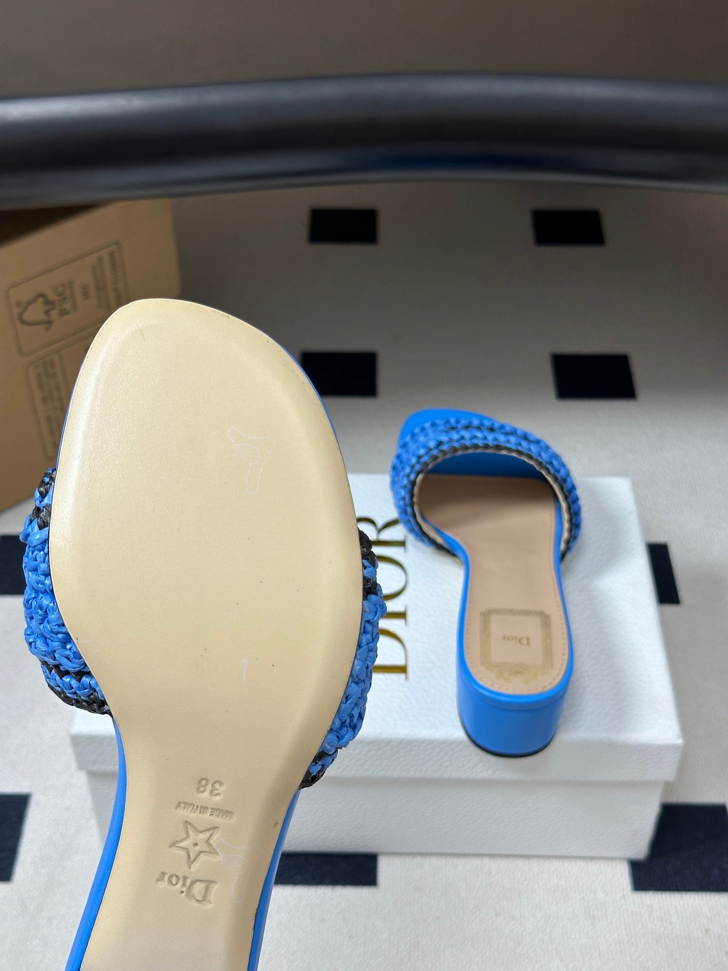 DIOR 26S BLOCK-HEEL SLIDE SANDALS 40MM IN BLUE RAFFIA