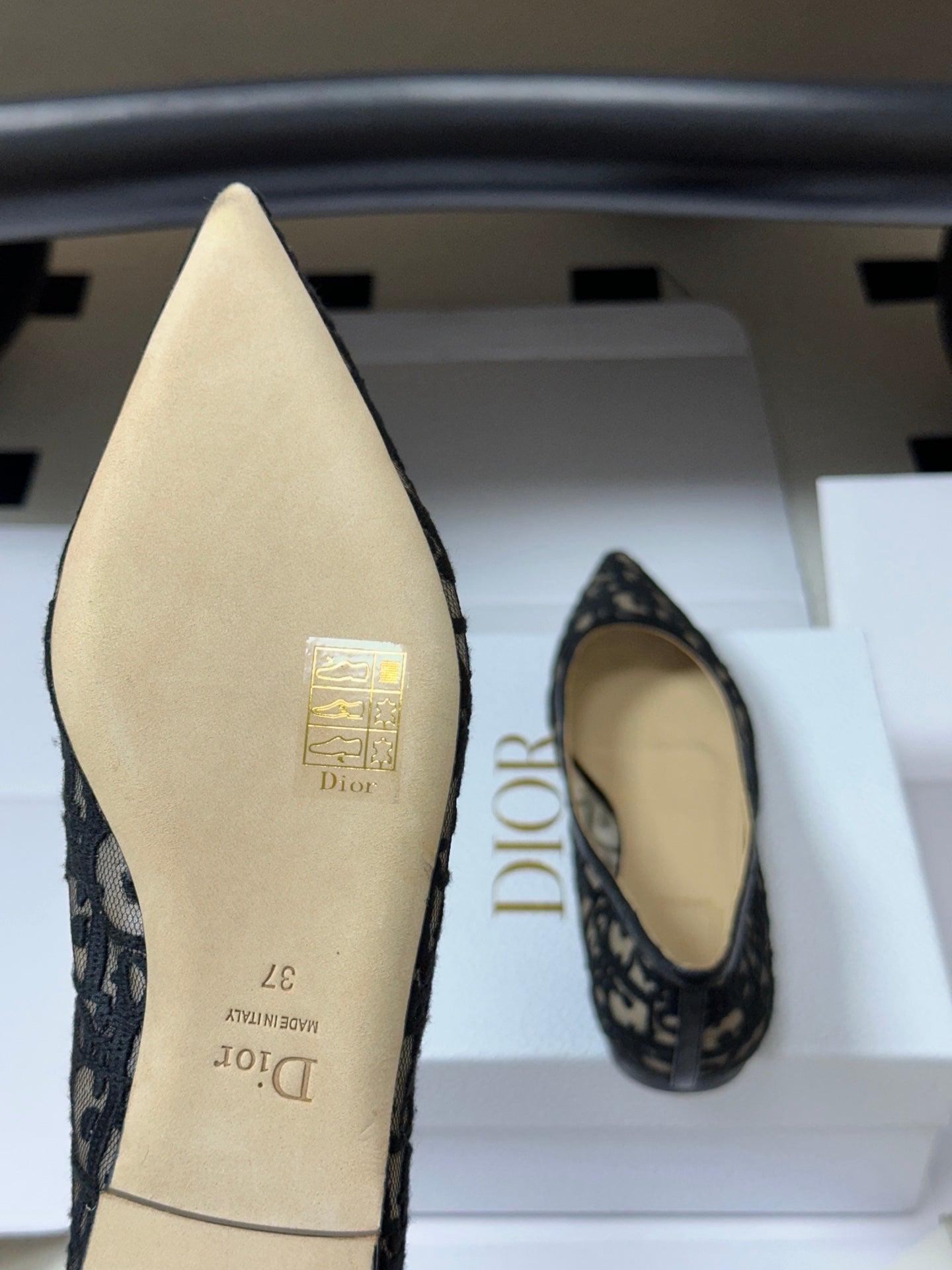 DIOR 26S POINTED-TOE FLATS IN BLACK MESH OBLIQUE EMBROIDERED CANVAS