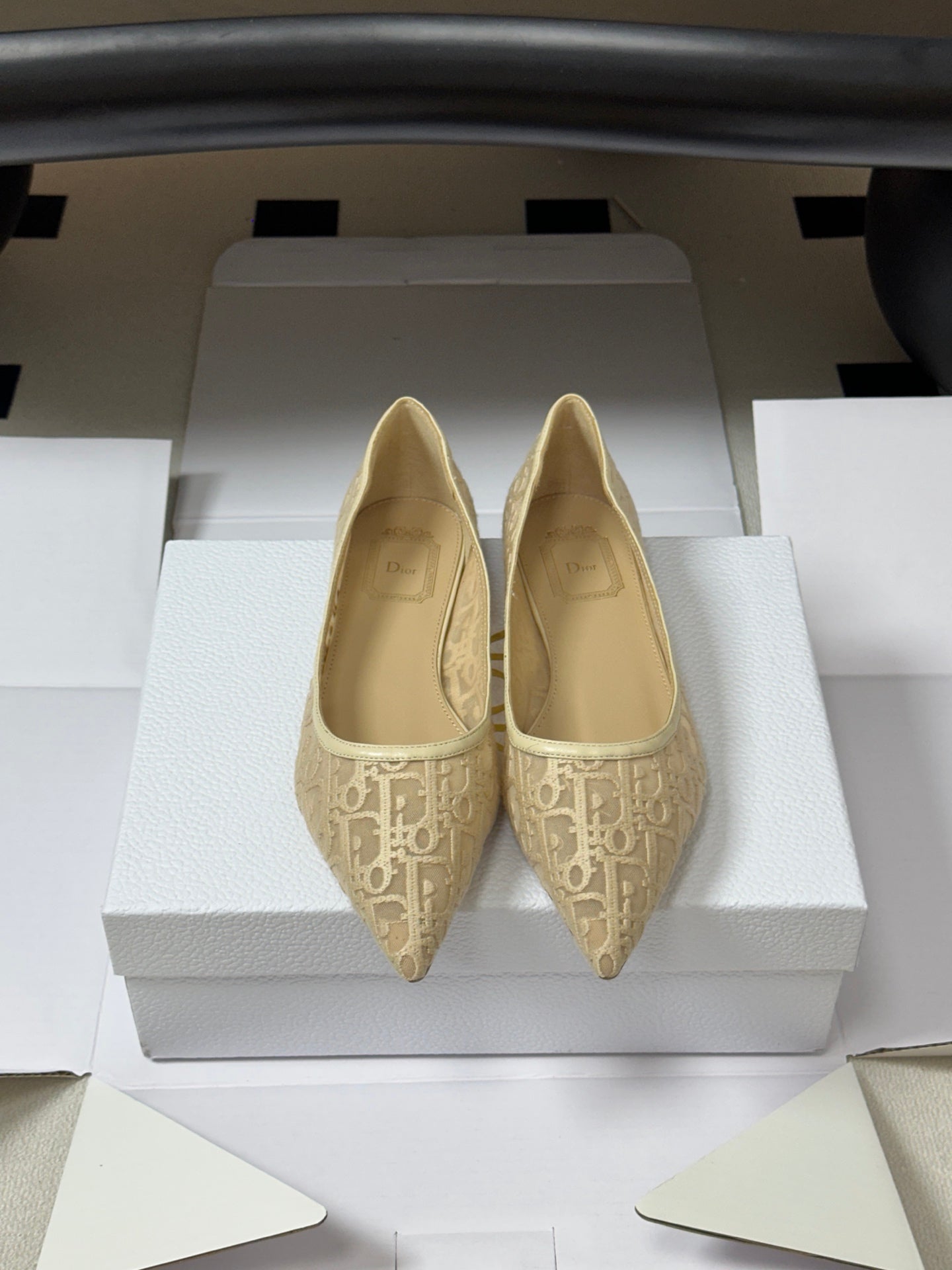 DIOR 26S POINTED-TOE FLATS IN BEIGE MESH OBLIQUE EMBROIDERED CANVAS