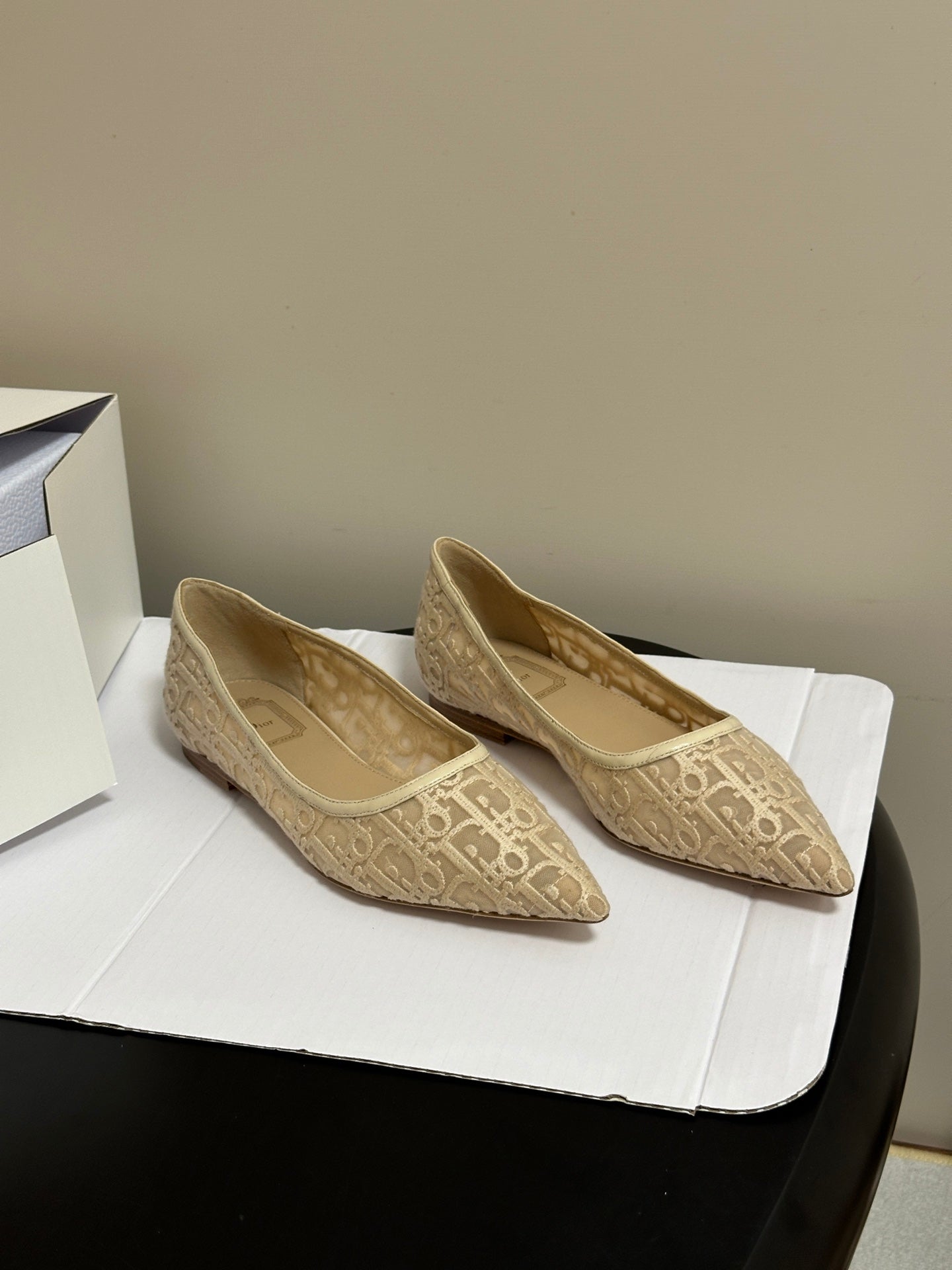 DIOR 26S POINTED-TOE FLATS IN BEIGE MESH OBLIQUE EMBROIDERED CANVAS