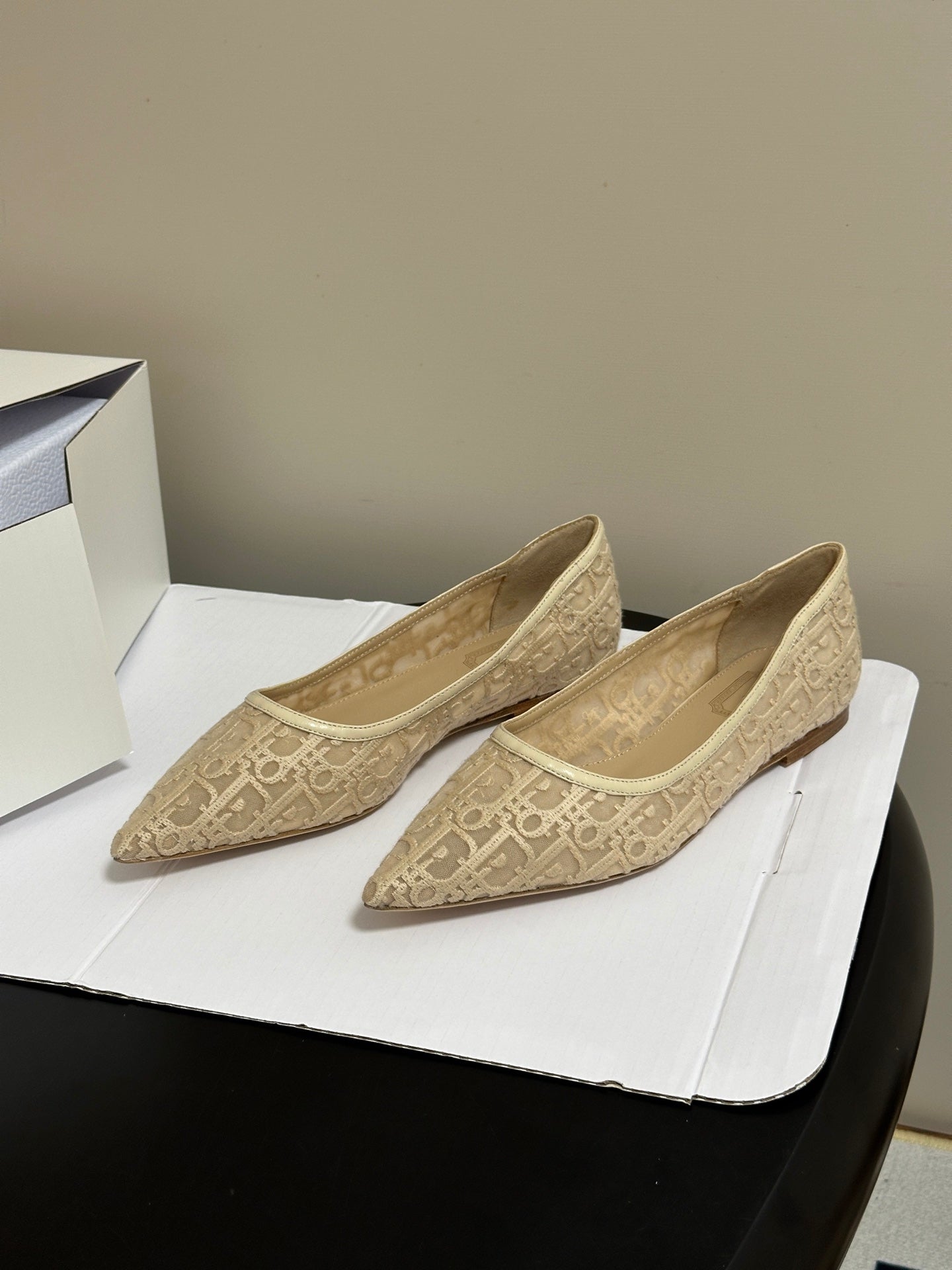 DIOR 26S POINTED-TOE FLATS IN BEIGE MESH OBLIQUE EMBROIDERED CANVAS