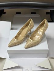 DIOR 26S POINTED-TOE PUMPS 80MM IN BEIGE MESH OBLIQUE EMBROIDERED CANVAS