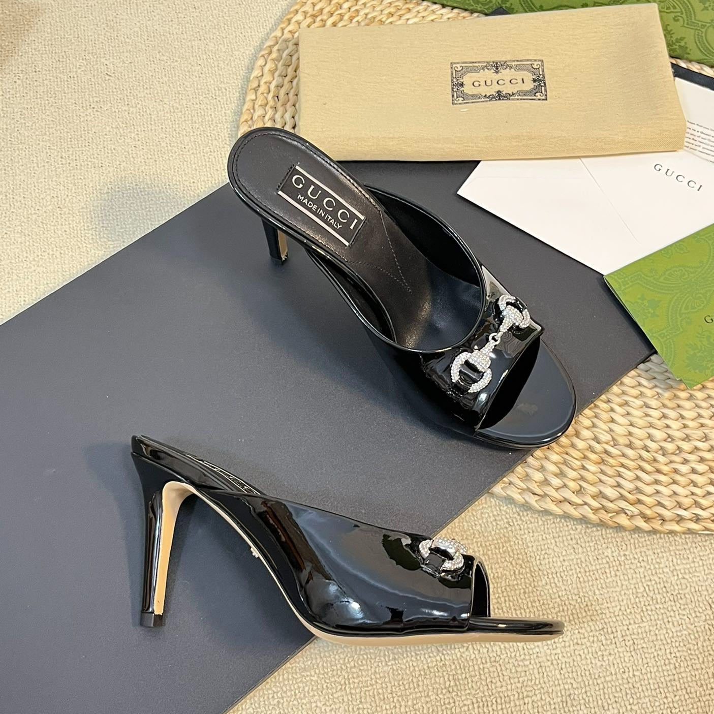 GG  Women's Horsebit mid-heel slide sandal in glossy black leather
