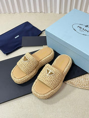 PRA WEDGE FLATFORM SLIDES BEIGE RAFFIA