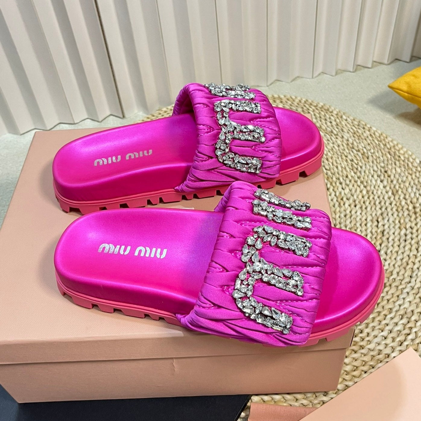Bright Pink Sheepskin Diamond Slippers