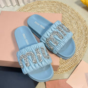 Sky Blue Sheepskin Diamond Slippers