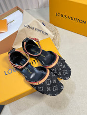 LV 26S ANKLE STRAP FLATS IN BLACK MONOGRAM DENIM