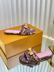 LV 26S FLAT MULES IN DARK BROWN CALFSKIN CHERRY BLOSSOM MONOGRAM WITH BOW