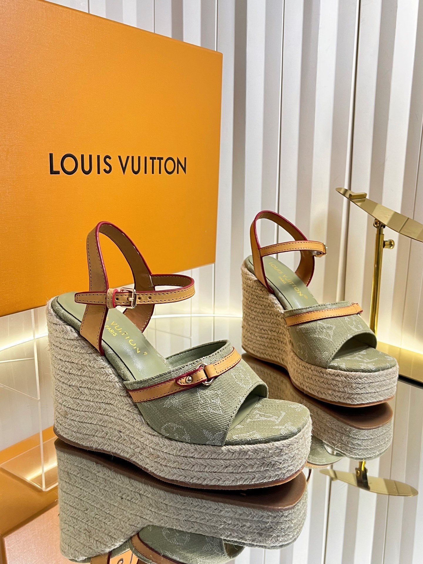 LV 26S HELIOS WEDGE SANDAL 120MM IN KHAKI GREEN MONOGRAM DENIM
