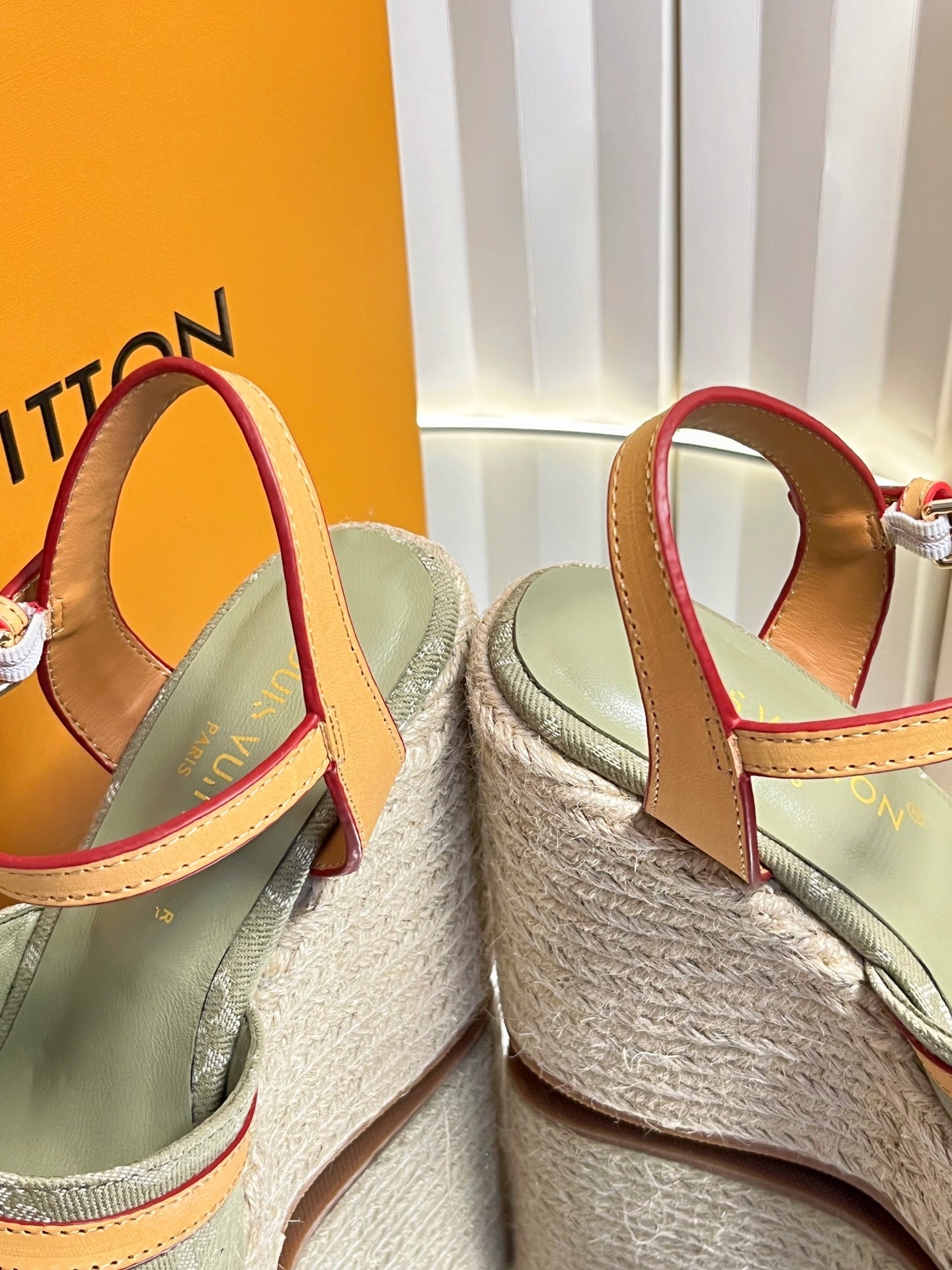 LV 26S HELIOS WEDGE SANDAL 120MM IN KHAKI GREEN MONOGRAM DENIM
