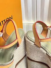 LV 26S HELIOS WEDGE SANDAL 120MM IN KHAKI GREEN MONOGRAM DENIM