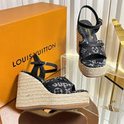 LV 26S HELIOS WEDGE SANDAL 120MM IN BLACK MONOGRAM DENIM