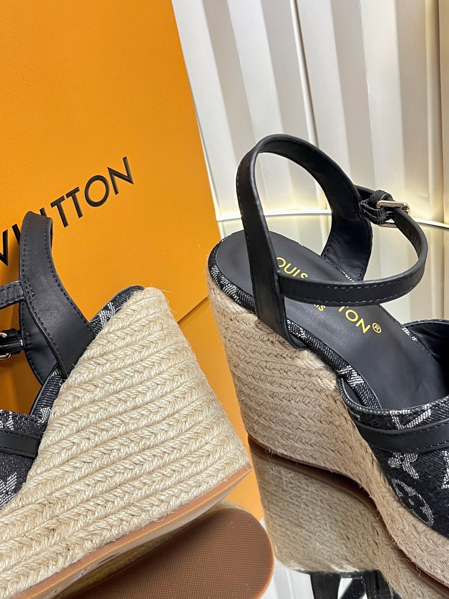 LV 26S HELIOS WEDGE SANDAL 120MM IN BLACK MONOGRAM DENIM