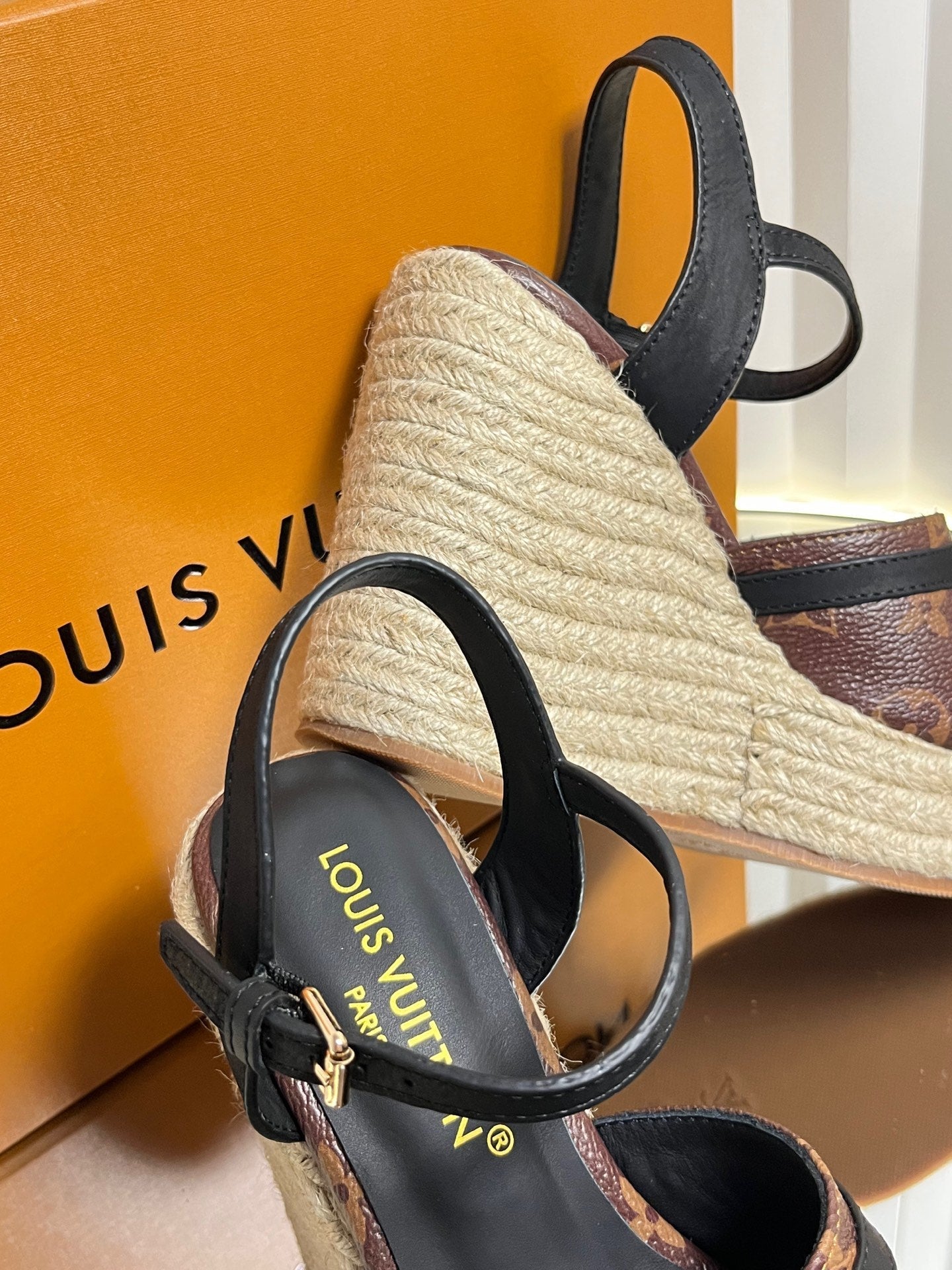 LV 26S HELIOS WEDGE SANDAL 120MM IN DARK BROWN MONOGRAM CALFSKIN