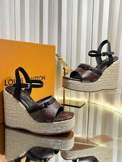 LV 26S HELIOS WEDGE SANDAL 120MM IN DARK BROWN MONOGRAM CALFSKIN