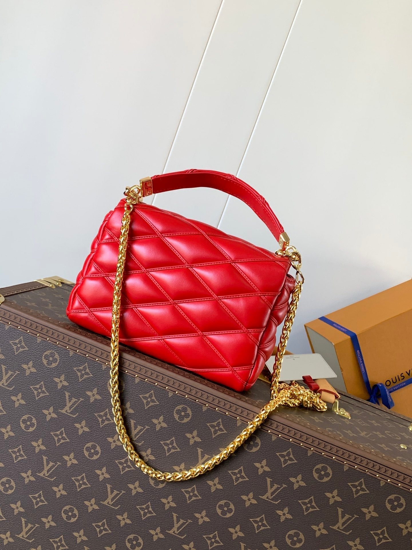 LV 25S GO-14 MM 23 IN CRIMSON RED QUILTED LAMBSKIN GOLD HARDWARE