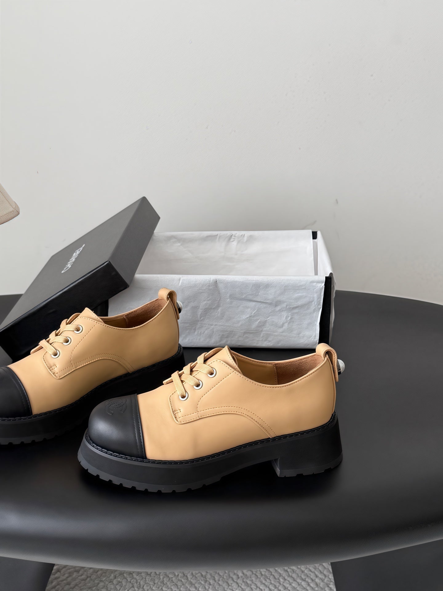 CHANEL 26S LACE UP PLATFORM IN BLACK AND BEIGE CALFSKIN