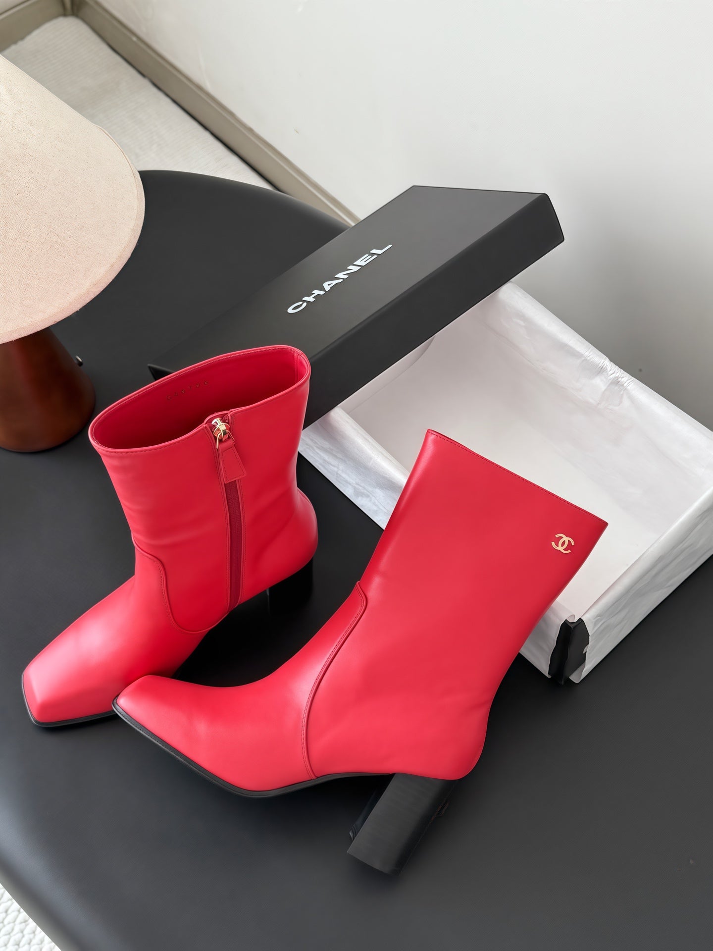 CHANEL 26S ANKLE BOOT 70 MM IN RED CALFSKIN SQUARE TOE