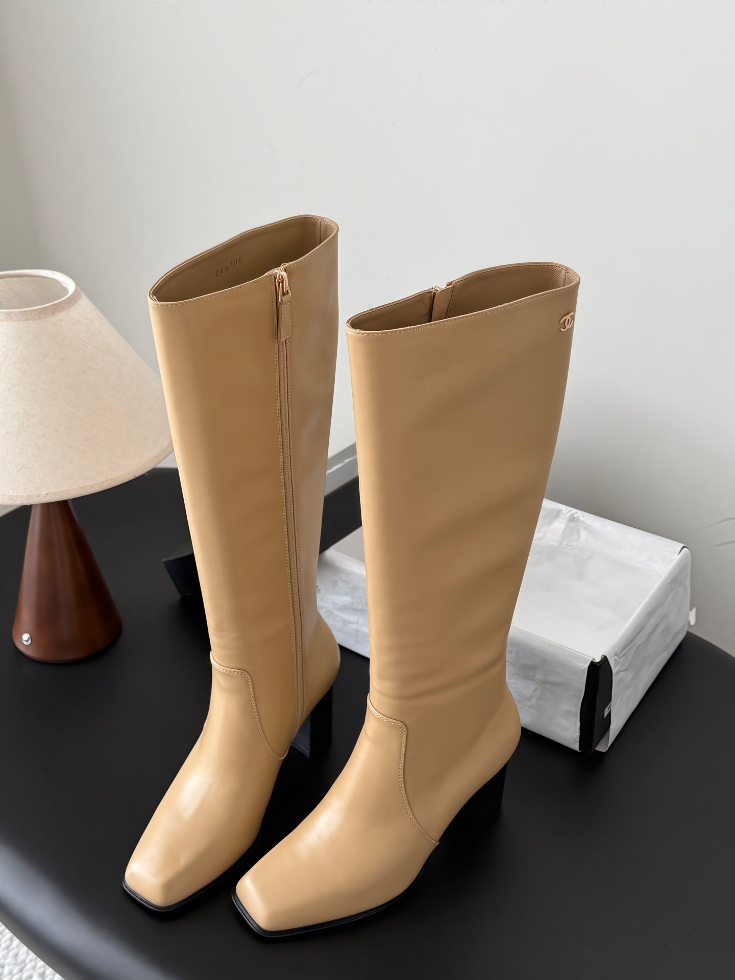 CHANEL 26S TALL BOOTS 70 MM IN BEIGE CALFSKIN SQUARE TOE