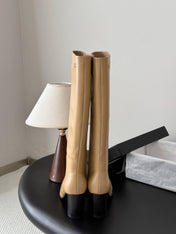 CHANEL 26S TALL BOOTS 70 MM IN BEIGE CALFSKIN SQUARE TOE