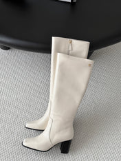 CHANEL 26S TALL BOOTS 70 MM IN CREAM WHITE CALFSKIN SQUARE TOE