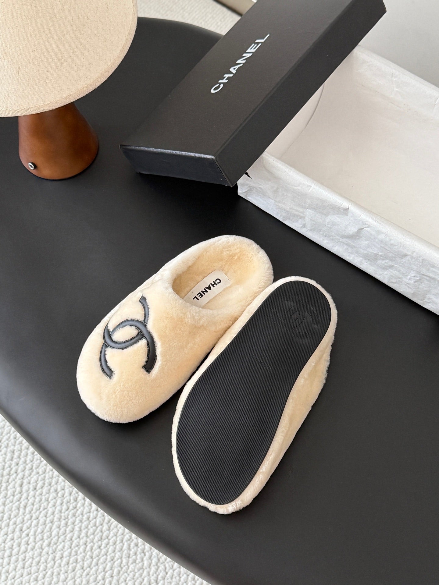 CHANEL 26S MULES IN WHITE SHEARLING LINING ROUND TOE